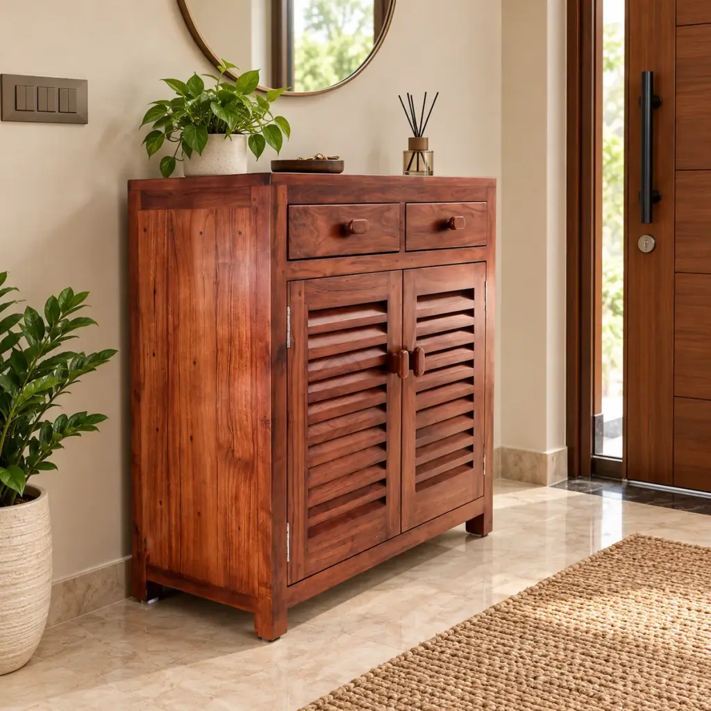 Two-Drawer Red-Teak Shoe Cabinet — photo 3