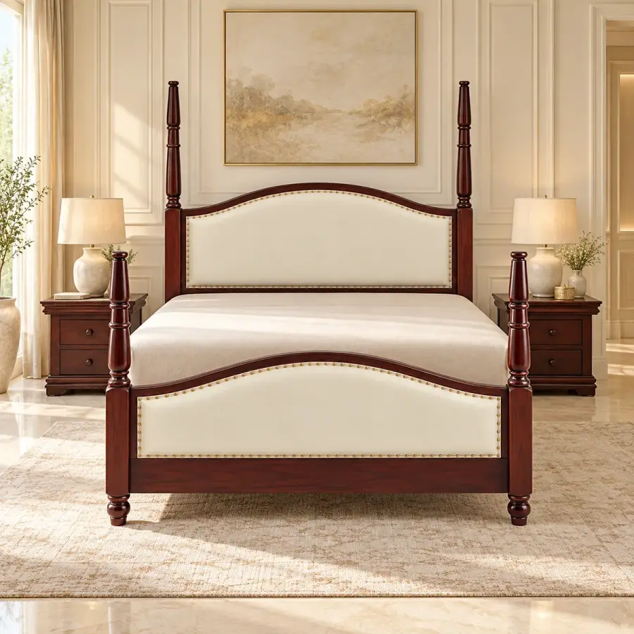 Upholstered Four-Poster Bed – solid teak, Teakwood Factory