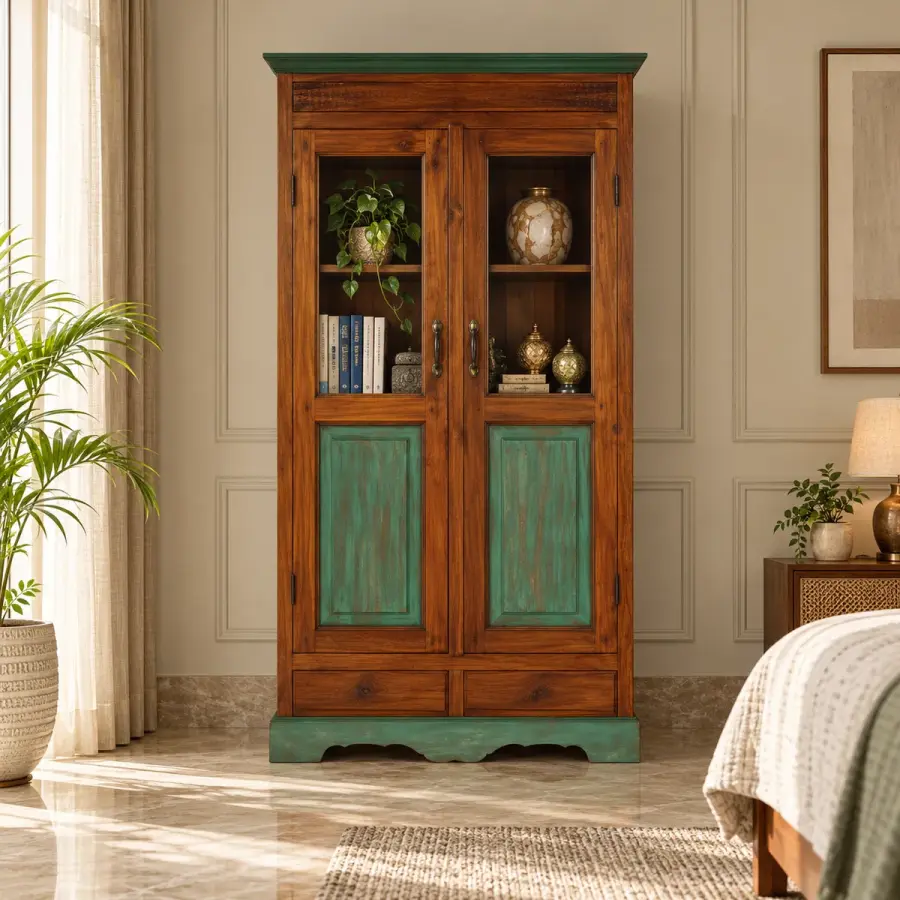 Verdigris Panel Almirah – solid teak, Teakwood Factory